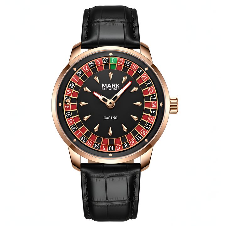 Mark Fairwhale FW-5031B ROULEX quartz watch with roulette game dial, red and black design, luminous hands, and leather strap.