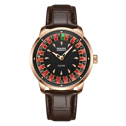 Mark Fairwhale FW-5031B ROULEX quartz watch with roulette game dial, red and black design, luminous hands, and leather strap.