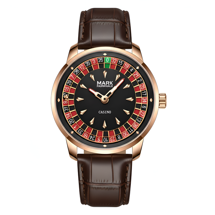Mark Fairwhale FW-5031B ROULEX quartz watch with roulette game dial, red and black design, luminous hands, and leather strap.