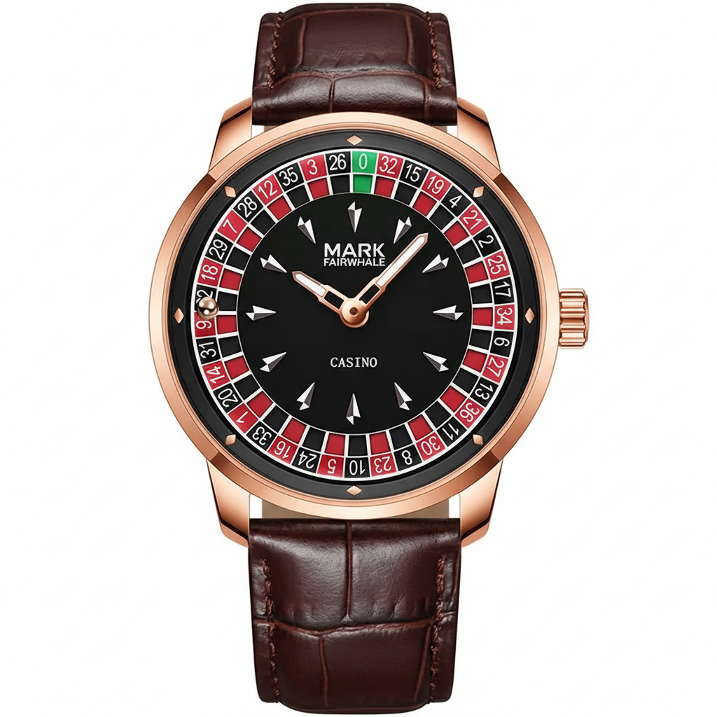 Mark Fairwhale FW-5031B ROULEX quartz watch with roulette game dial, red and black design, luminous hands, and leather strap.