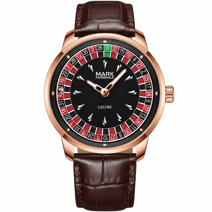 Mark Fairwhale FW-5031B ROULEX quartz watch with roulette game dial, red and black design, luminous hands, and leather strap.