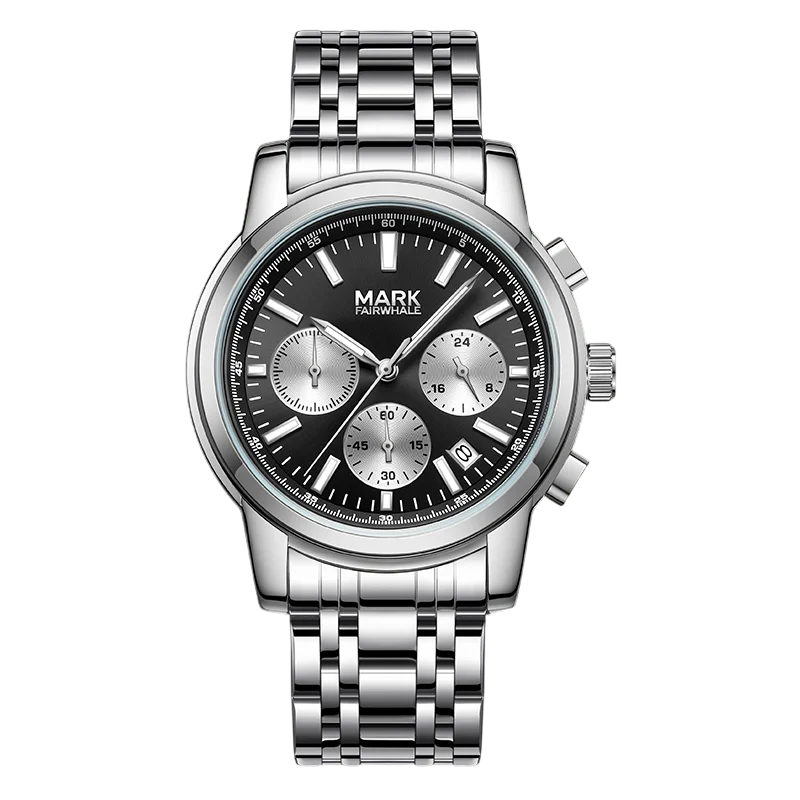 Mark Fairwhale FW-5056 Ca - Close-up of black dial, sub-dials, luminous hands