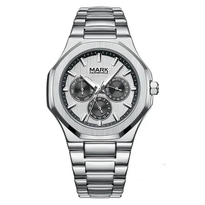 Mark Fairwhale FW-5890 CLEVTOR men’s business quartz watch with blue dial and stainless steel bracelet, front view