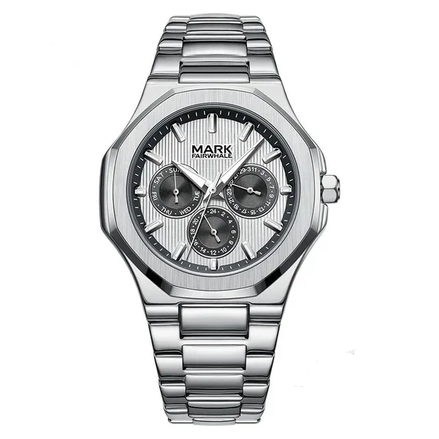 Mark Fairwhale FW-5890 CLEVTOR men’s business quartz watch with blue dial and stainless steel bracelet, front view