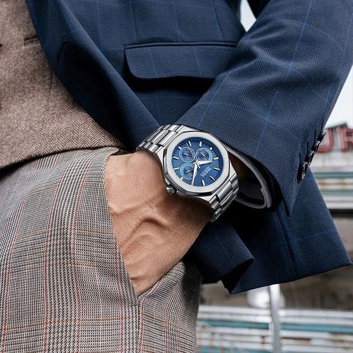 Mark Fairwhale FW-5890 CLEVTOR men’s quartz watch with silver dial and black subdials, stainless steel design