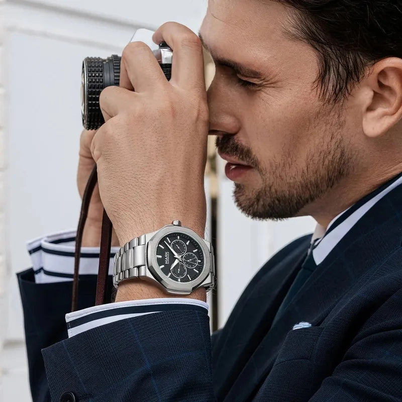 Mark Fairwhale FW-5890 CLEVTOR men’s quartz watch with blue dial and black subdials, stainless steel design