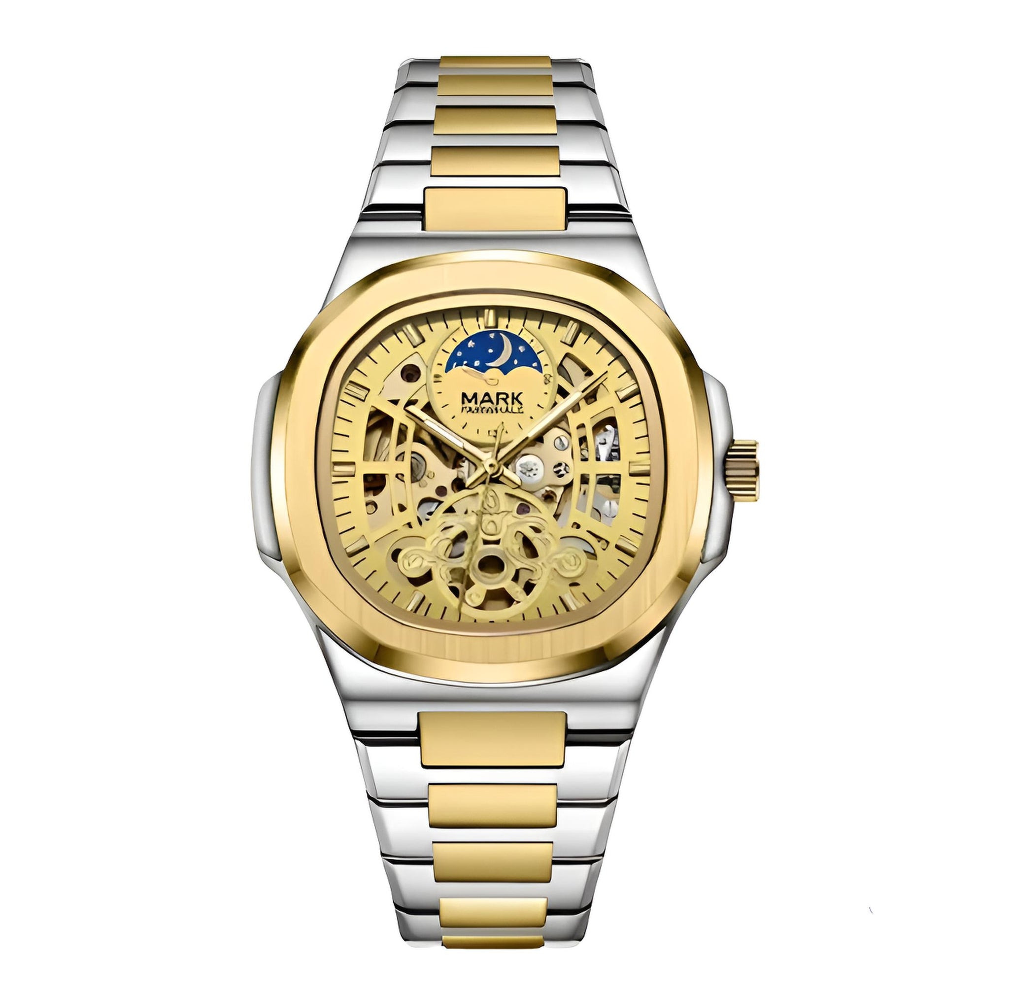 Mark Fairwhale LUNASKEL FW-6012 gold silver skeleton automatic watch with moon phase indicator