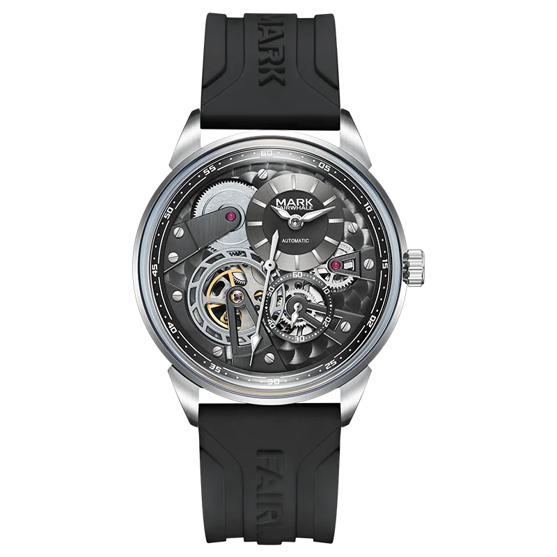 Mark Fairwhale FW-6042 Sk - Front view, black strap, exposed gears