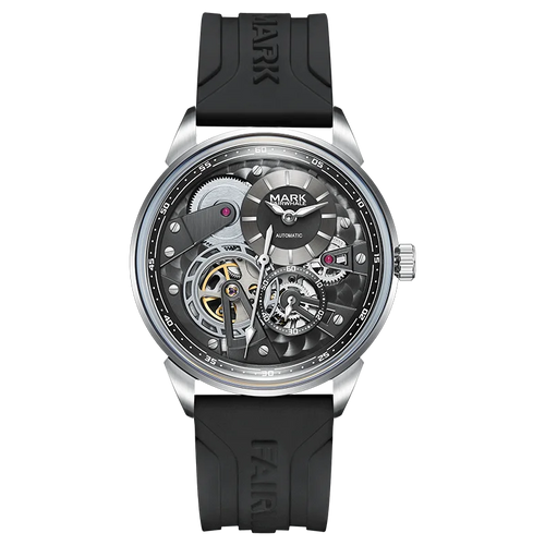 Mark Fairwhale FW-6042 Sk - Front view, black strap, exposed gears