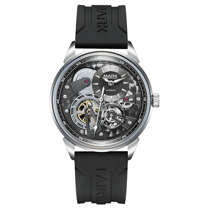 Mark Fairwhale FW-6042 Sk - Front view, black strap, exposed gears