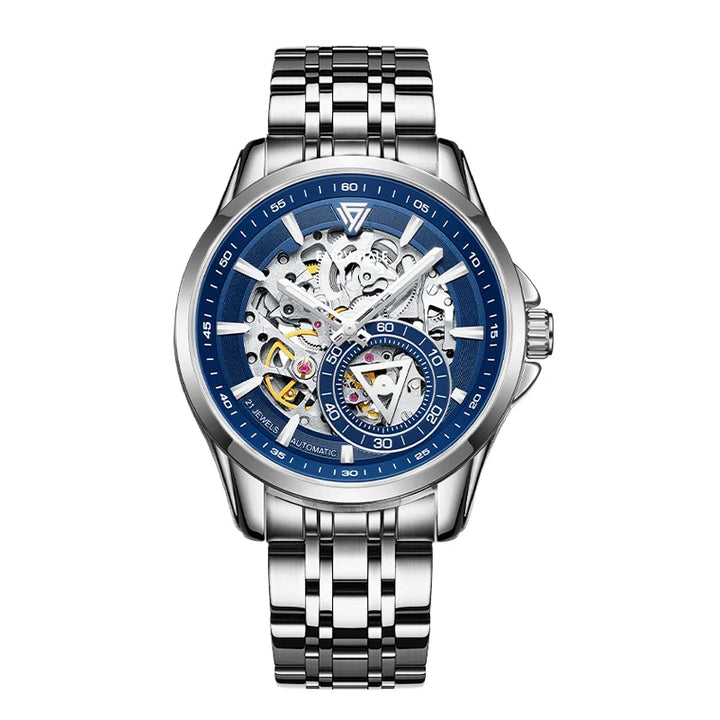 Mark Fairwhale FW-6350 black stainless steel skeleton watch on denim surface – lifestyle shot