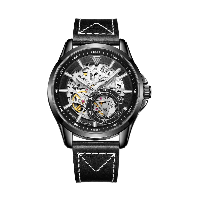 Mark Fairwhale FW-6350 skeleton automatic watch worn with casual outfit – lifestyle photo