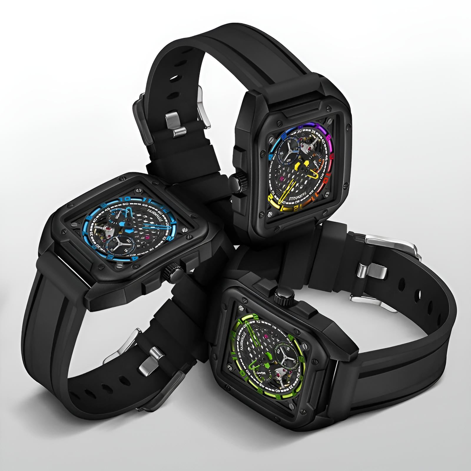 Mark Fairwhale FW-6370 REKELTON Tourbillon Skeleton Watch – Variants case with silicone strap in blue, green, and multicolor dials