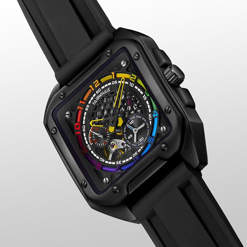 Mark Fairwhale FW-6370 REKELTON Tourbillon Skeleton Watch – black - multicolor - bluesquare case with silicone strap in blue, green, and multicolor dials