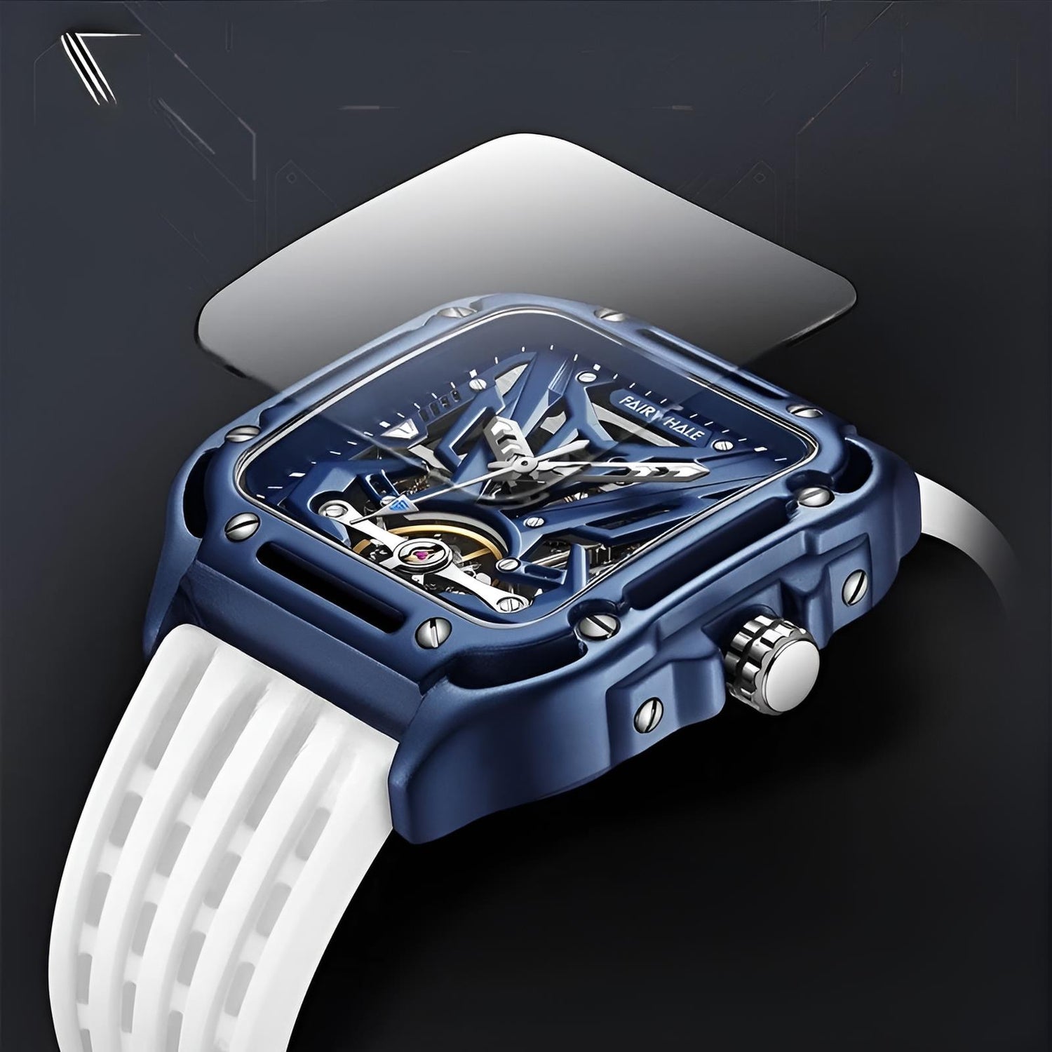Mark Fairwhale FW-6530 ZEPHYROS automatic watch in sapphire blue with skeleton dial and white silicone strap