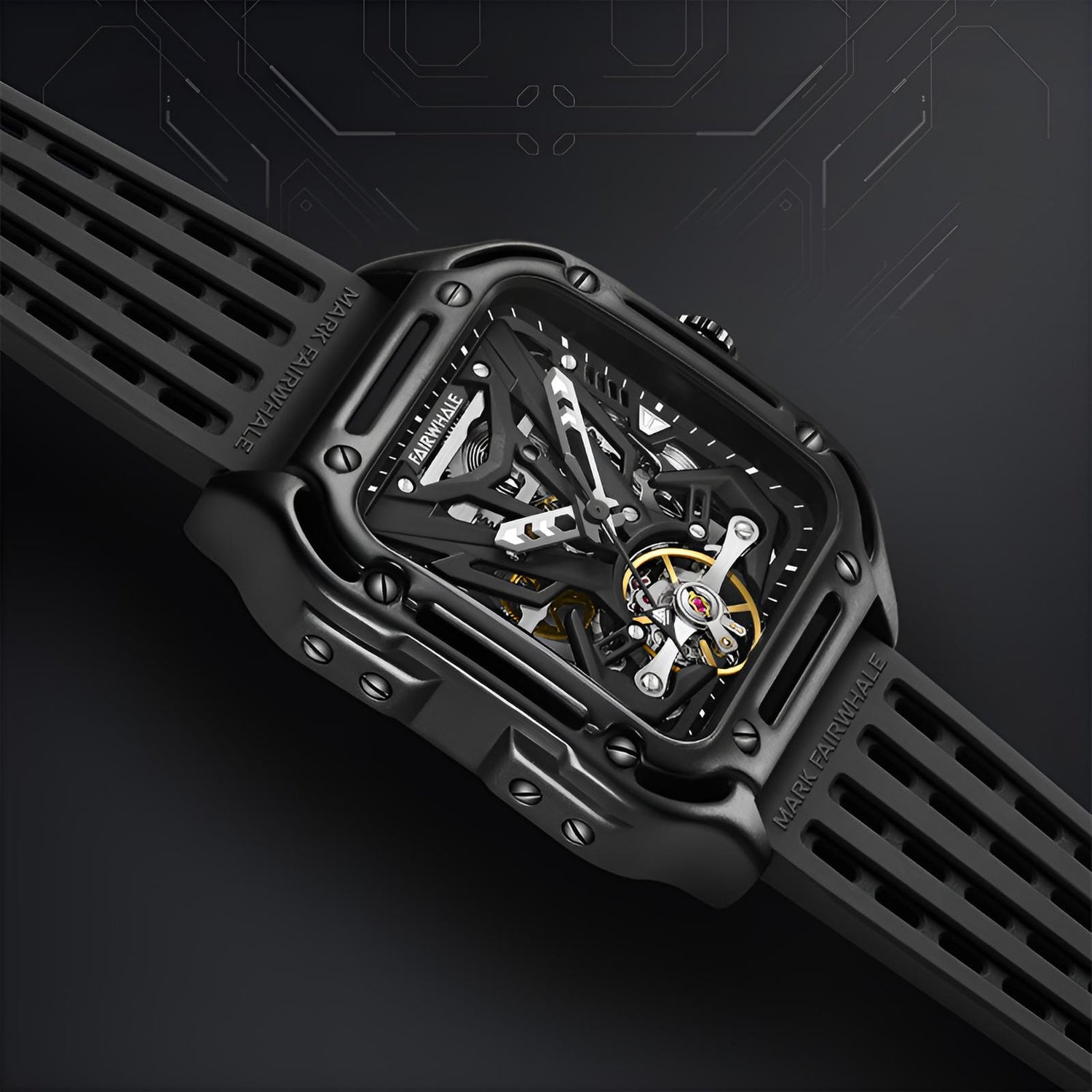 Mark Fairwhale FW-6530 ZEPHYROS automatic watch in sapphire black with skeleton dial and black silicone strap