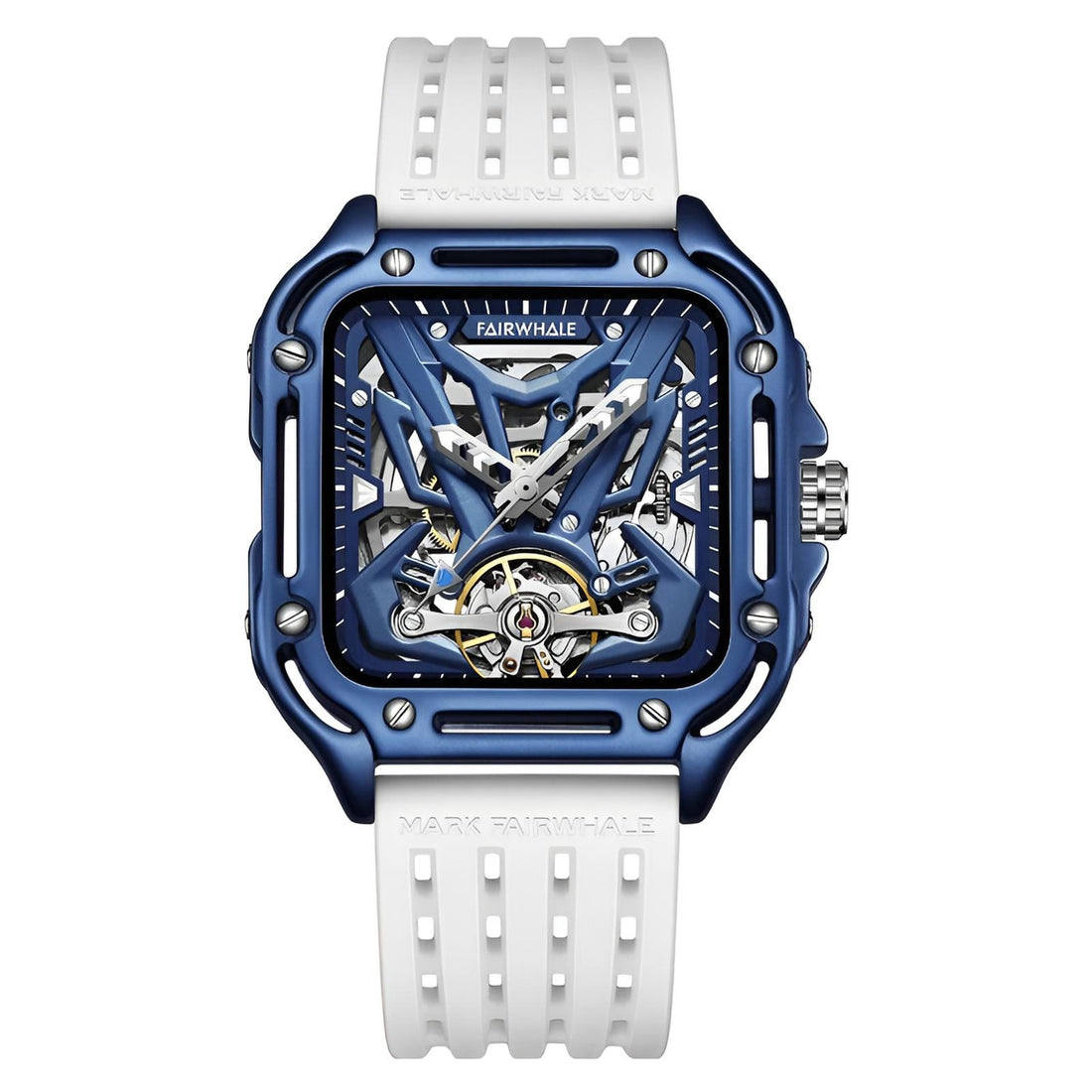 Mark Fairwhale FW-6530 ZEPHYROS automatic watch in sapphire blue with skeleton dial and white silicone strap
