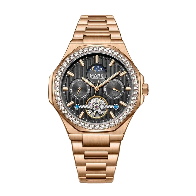 Mark Fairwhale FW-6740 Celestial Diamond Automatic Watch in rose gold on leather background