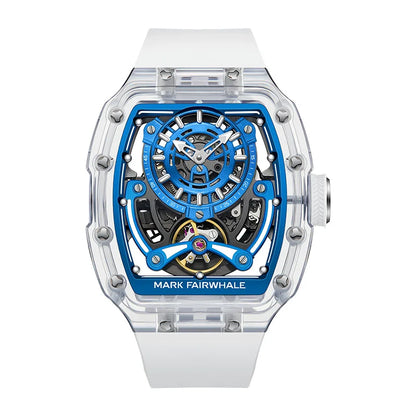 Mark Fairwhale FW-6770 Luminova – Blue Accent Skeleton Automatic Watch with White Strap