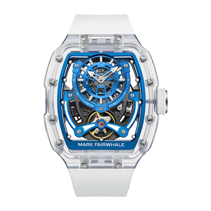 Mark Fairwhale FW-6770 Luminova – Blue Accent Skeleton Automatic Watch with White Strap