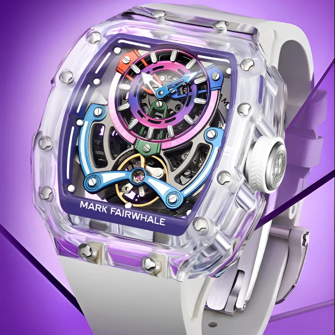 Mark Fairwhale FW-6770 Luminova Skeleton Mechanical Watch – Side Angle with Purple Background
