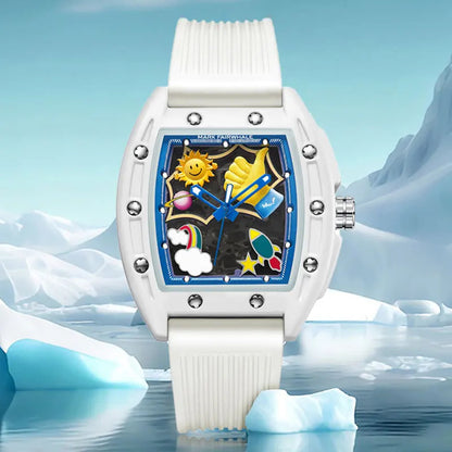 Mark Fairwhale FW-6930 GRAFITO men’s skeleton automatic watch in dual edition with black and white silicone straps, graffiti-inspired dial featuring sun, rocket, rainbow, and stars.