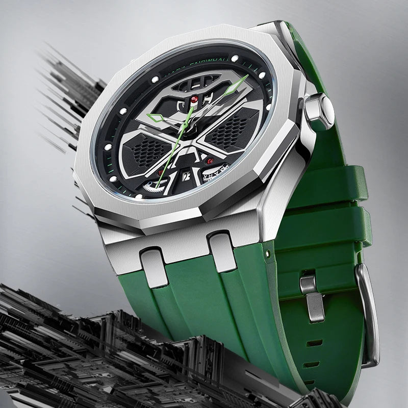 Mark Fairwhale FW5590 AERIX chronograph watch with green silicone strap and luminous hands – bold men’s fashion watch