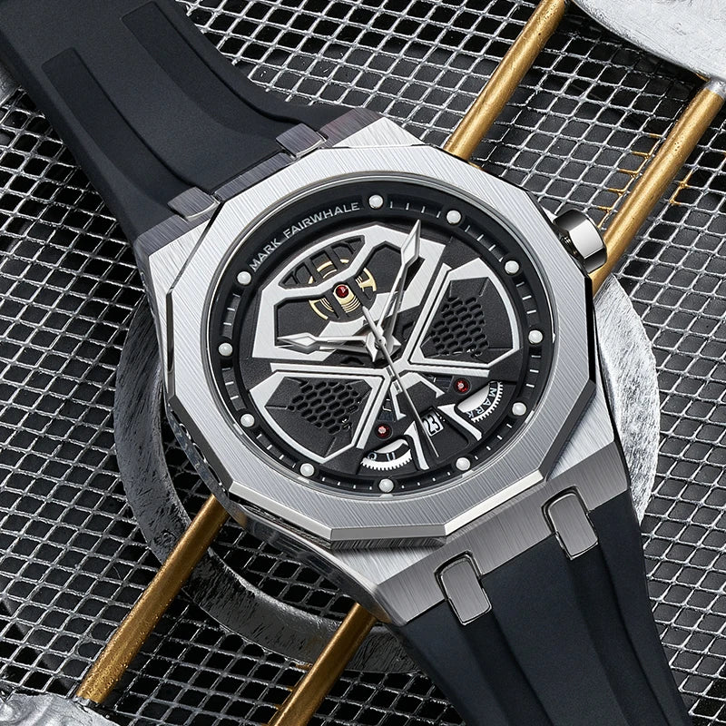 Mark Fairwhale FW5590 AERIX luxury sports chronograph watch on black silicone strap – hollow dial design