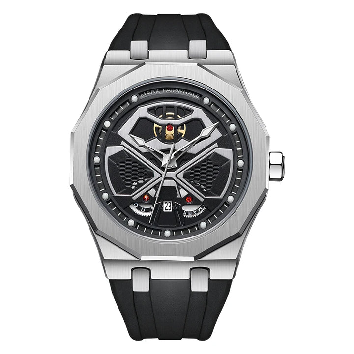 Mark Fairwhale FW5590 AERIX men’s hollow dial chronograph watch with black silicone strap and stainless steel case