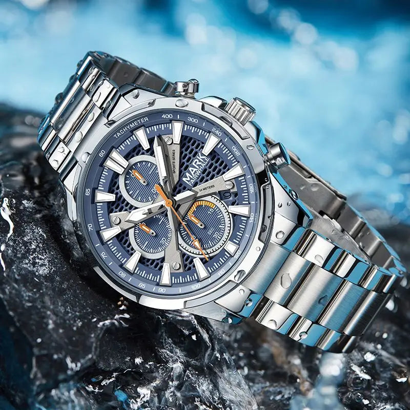 Mark Fairwhale GIFTOR 5032 black chronograph men’s watch with tachymeter, inspired by motorsport design.