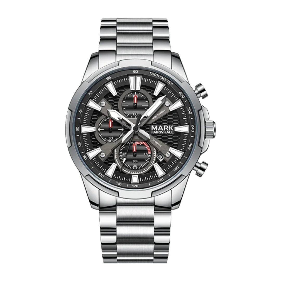 Mark Fairwhale GIFTOR 5032 elegant men’s chronograph watch with silver dial and polished stainless steel strap.
