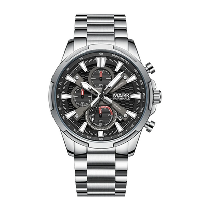 Mark Fairwhale GIFTOR 5032 elegant men’s chronograph watch with silver dial and polished stainless steel strap.