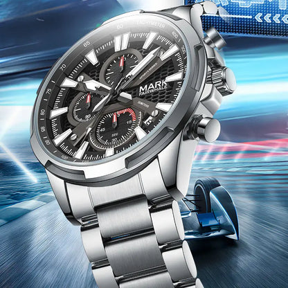 Mark Fairwhale GIFTOR 5032 men’s chronograph watches in blue and silver dials with stainless steel bracelets.