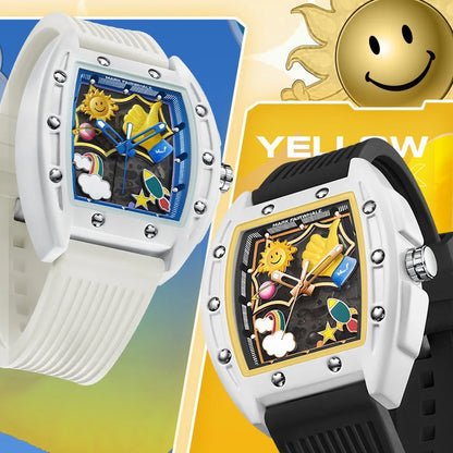 Mark Fairwhale FW-6930 GRAFITO men’s skeleton automatic watch in dual edition with black and white silicone straps, graffiti-inspired dial featuring sun, rocket, rainbow, and stars.