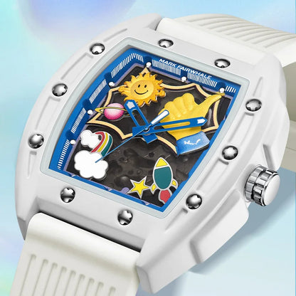 Mark Fairwhale GRAFITO men’s skeleton automatic watch with blue graffiti-inspired dial, white silicone strap, and playful urban motifs including sun, rocket, rainbow, and stars.