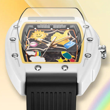 Close-up of Mark Fairwhale FW-6930 GRAFITO skeleton automatic watch with domed crystal, graffiti-inspired 3D dial, and black silicone strap, blending street art with mechanical precision.