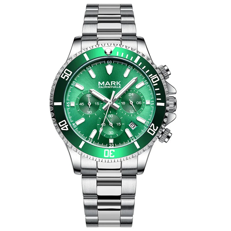 Mark Fairwhale HEXORA 5150 Six Pin Chronograph Watch with stainless steel strap, close-up of dial.