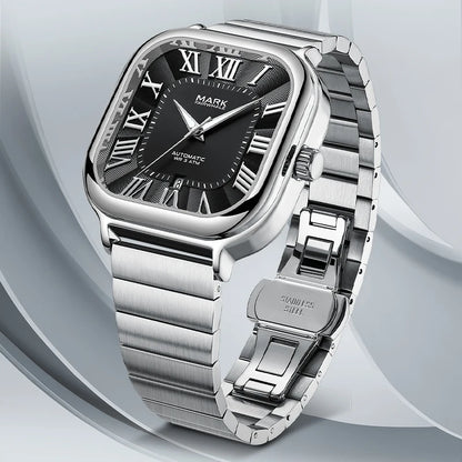 Mark Fairwhale IONIRUS automatic watch with square stainless steel case and bracelet clasp.