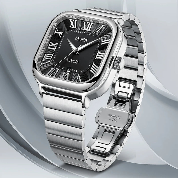 Mark Fairwhale FW-6820 IONIRUS automatic watch with square stainless steel case and bracelet clasp.