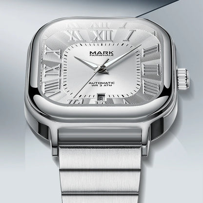 Mark Fairwhale IONIRUS men’s automatic watch with silver square dial and Roman numerals.