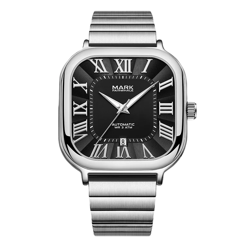 Mark Fairwhale IONIRUS men’s square automatic watch with black dial and Roman numerals.
