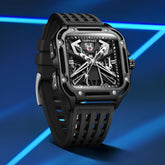 Mark Fairwhale ISITRION Obsidian Axis – Black stainless steel square watch for men with minimalist luminous display and rubber strap