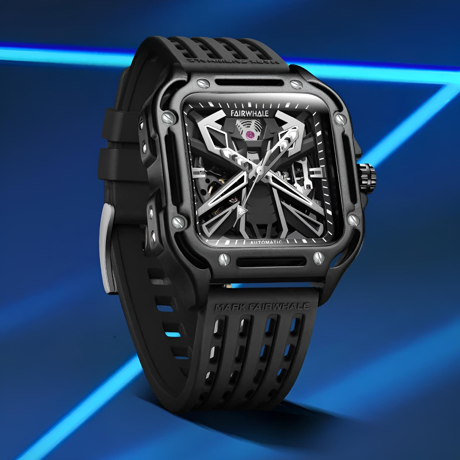 Mark Fairwhale ISITRION Obsidian Axis – Black stainless steel square watch for men with minimalist luminous display and rubber strap