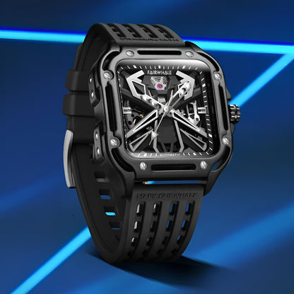 Mark Fairwhale ISITRION Obsidian Axis – Black stainless steel square watch for men with minimalist luminous display and rubber strap