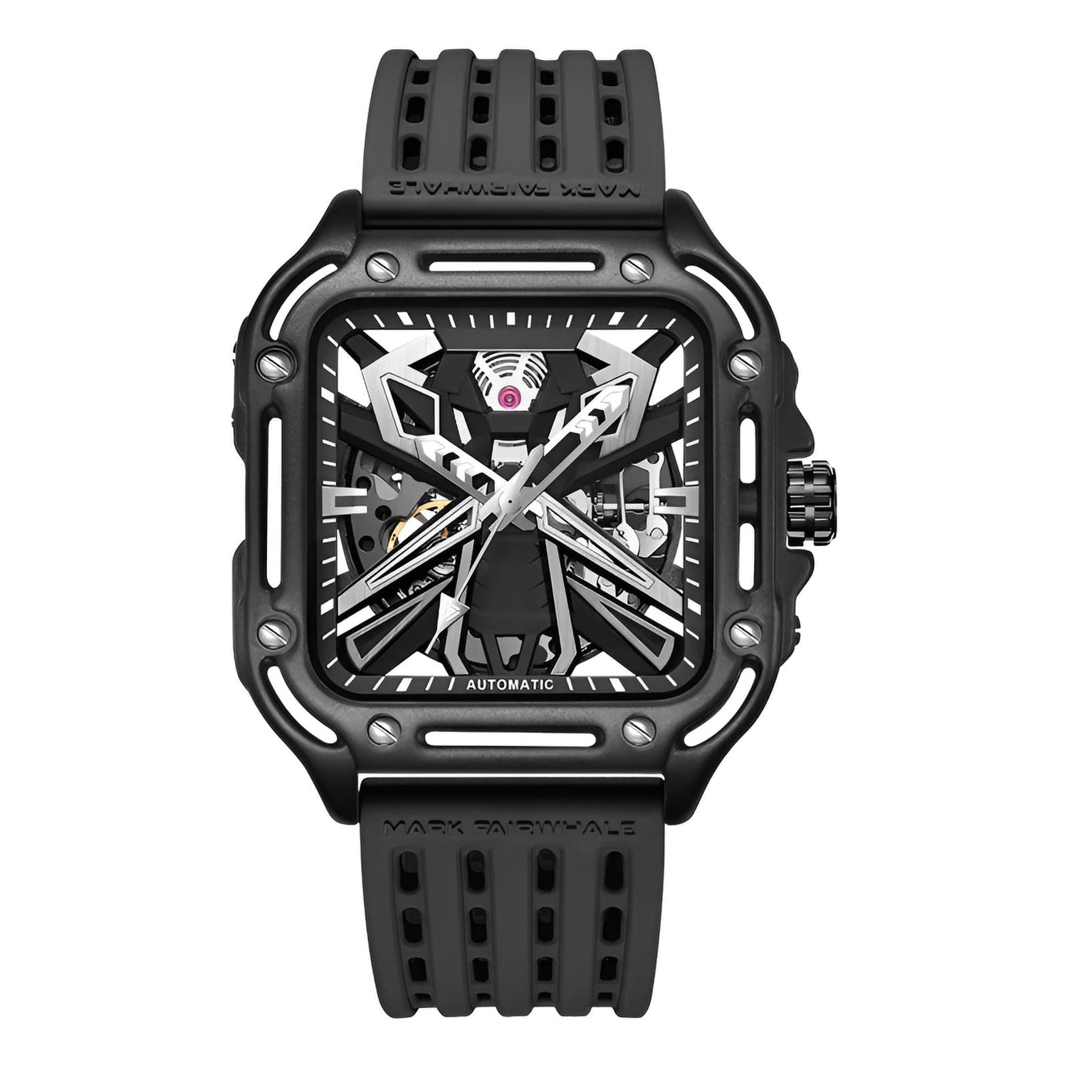 Mark Fairwhale ISITRION Obsidian Axis – Black stainless steel square watch for men with minimalist luminous display and rubber strap