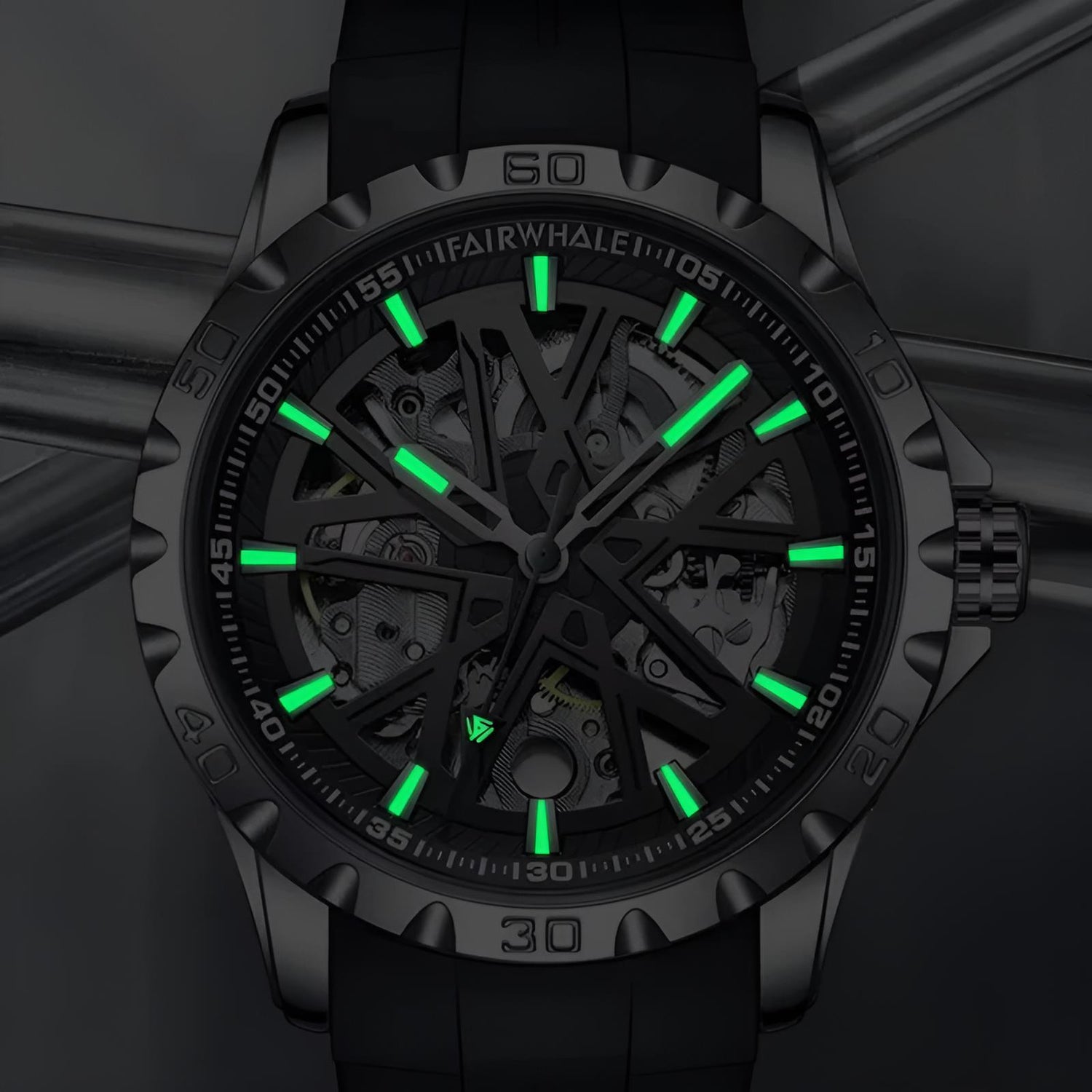 Mark Fairwhale KANTRY Obsidian Platinum – Black and silver skeleton automatic watch for men with luminous display and silicone strap