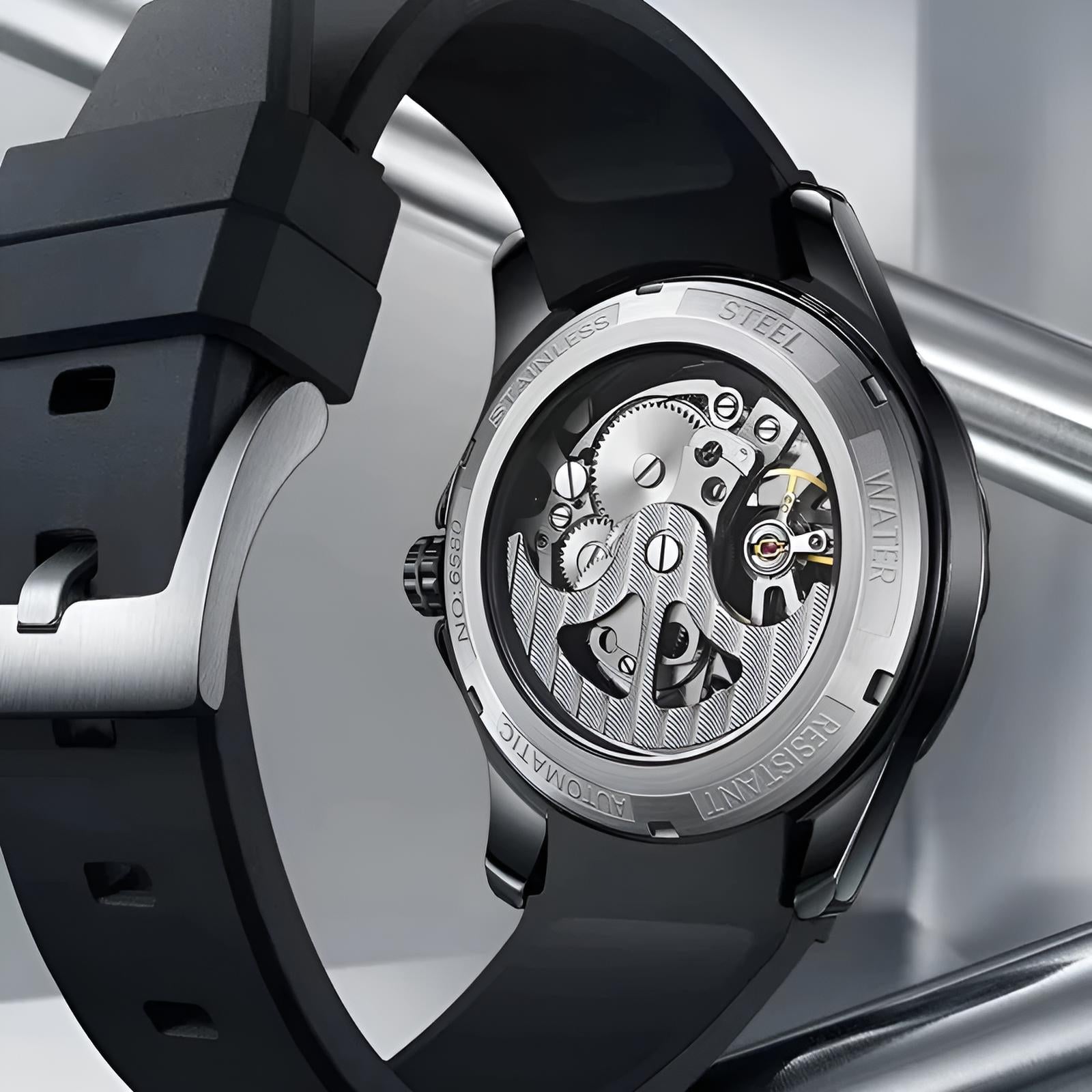 Mark Fairwhale KANTRY Obsidian Drive – Matte black skeleton automatic watch for men with sporty silicone strap and luminous hands