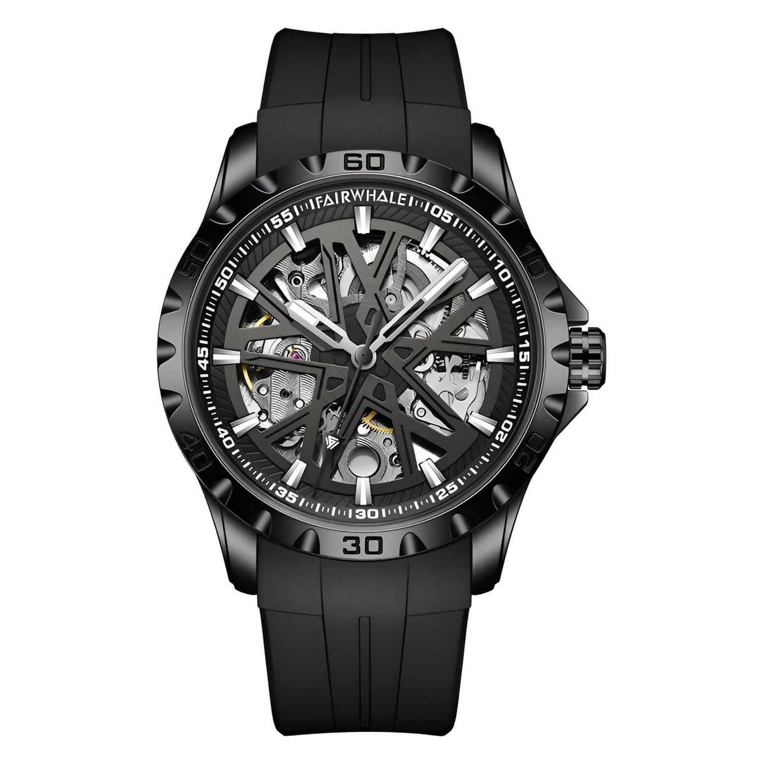 Mark Fairwhale KANTRY Obsidian Drive – Matte black skeleton automatic watch for men with sporty silicone strap and luminous hands