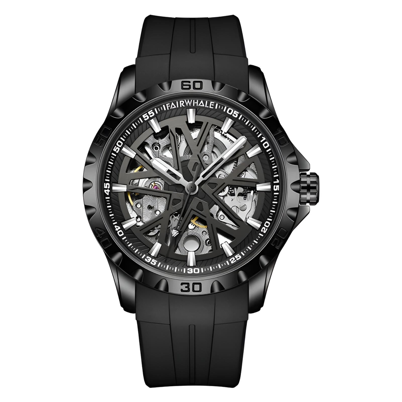 Mark Fairwhale KANTRY Obsidian Drive – Matte black skeleton automatic watch for men with sporty silicone strap and luminous hands