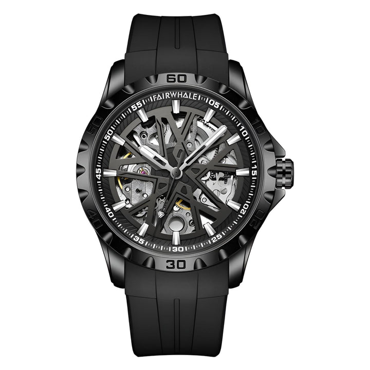 Mark Fairwhale KANTRY Obsidian Drive – Matte black skeleton automatic watch for men with sporty silicone strap and luminous hands